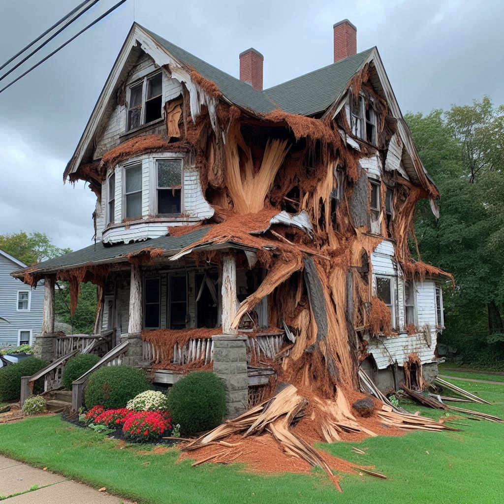 Damaged tree on an Rowlett home showing signs of disease and decay